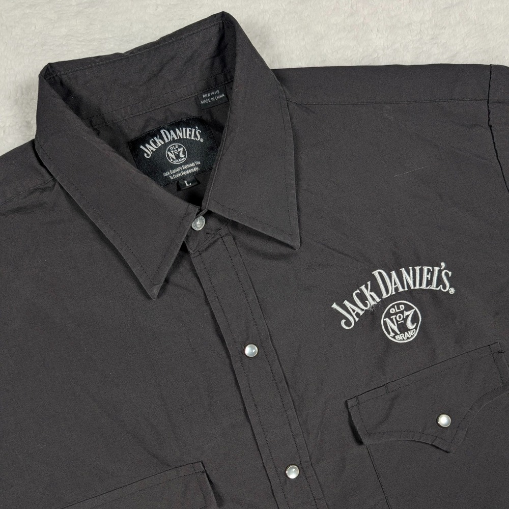 Jack Daniels Button Down Shirt Mens Large Black Short Sleeve Western Pearl Snap